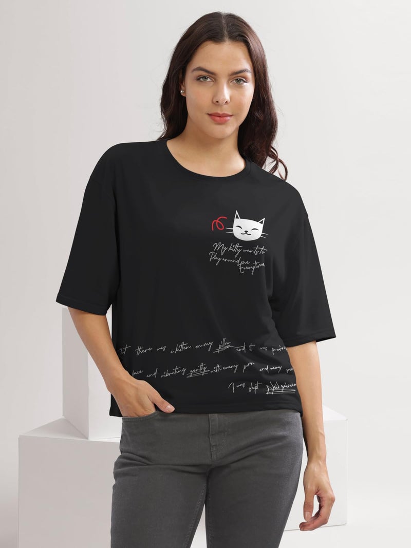 HELLCAT Cotton Blend Black Printed Loose Fit Crew-Neck Crop T-Shirt for Women/Black/XX-Large - Image 2
