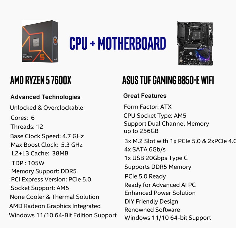 MICRO CENTER AMD Ryzen 5 7600X CPU Processor with ASUS TUF Gaming B850-E WiFi ATX Motherboard (DDR5, PCIe 5.0, Wi-Fi 6E, USB 20Gbps Type-C) - Image 2
