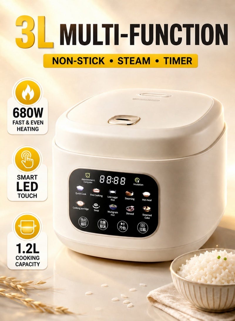 XVersion 3L Multi-Function Rice Cooker, 680W Electric Rice Cooker with LED Touch Control, Non-Stick Inner Pot, Timer, Steaming Basket, Square Design - Image 1