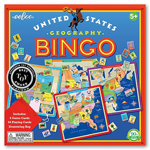 eeBoo United States Geography Bingo Game for 2 to 6 Players Includes 6 Game Cards 84 Playing Cards Drawstring Bag for Ages 5 and up - Image 5