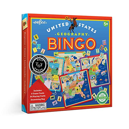 eeBoo United States Geography Bingo Game for 2 to 6 Players Includes 6 Game Cards 84 Playing Cards Drawstring Bag for Ages 5 and up - Image 1