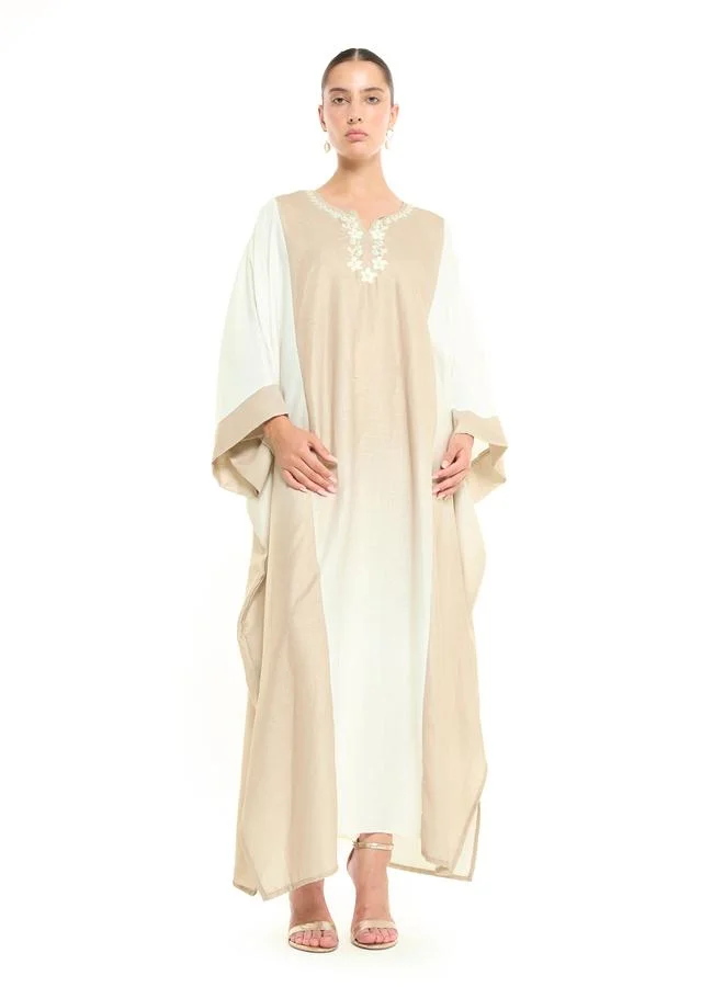 Thouq Cream A-Line Maxi Jalabiya with Embroidery