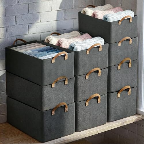 CLAPONE Foldable Storage Box and Organiser with Metal Frame/Woven Fabric Clothes Organiser with Handle/Wardrobe Organizer for Storage/Almirah Organizer for Shirts/Sweater/Jeans (grey, 10 pcs) - Image 1