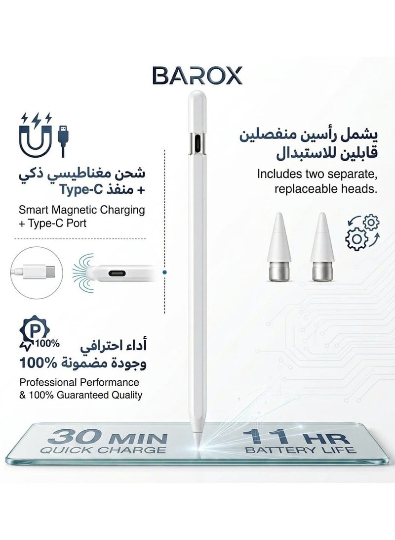 BAROX iPad Stylus Pen Compatible with All iPad Models 2018–2026 | Bluetooth | Smooth Writing & Drawing with No Lag | Long Battery Life | Magnetic Charging for iPad Models 2018–2022 and Type-C Charging for iPad Models 2018–2026 | Not Compatible with Android Devices - Image 1