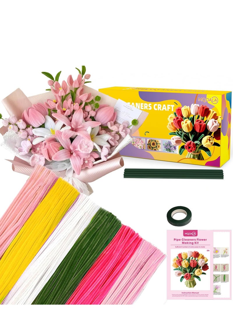Pipe Cleaners Craft, 450Pcs Pink Tulip Pipe Cleaner Bulk Flower Kit Chenille Stems for DIY Pink Lily Rose Bouquet Making Multi-Color Thick Fluffy - Image 1