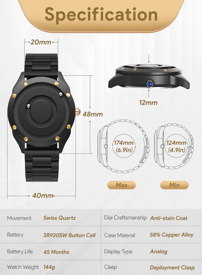 EUTOUR Magnetic Watches for Men|Unique No Hands Design with Gliding Magnet Beads Display|40mm Dial with Rivet Bezel, 3ATM|20mm Three-Link Steel Band|Fashion Watch Gifts, SLIVER GOSE GLOD, Modern - Image 4