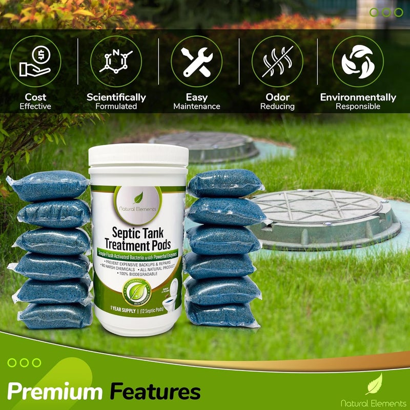 natural elements Septic Tank Treatment Pods | 1-Year Supply, Pack of 12 | Eco-Friendly Bacteria & Enzymes Formula | Prevents Backups, Eliminates Odors, Maintains System Health & Efficiency - Image 2