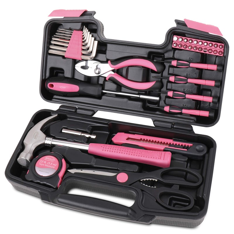 Apollo Tools Original 39 Piece General Household Tool Set in Toolbox Storage Case with Essential Hand Tools for Everyday Home Repairs DIY and Crafts Pink Ribbon Pink DT9706P