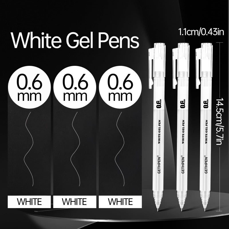 GETHPEN 0.6mm Fine Point White Gel Pens, 3-Pack for Artists Drawing, Sketching, Illustration, and Adult Coloring Books, Opaque White Ink for Black Paper, Bullet Journaling, and Card Making - Image 2