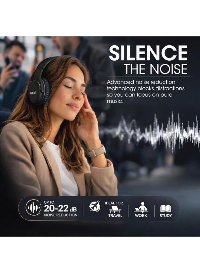 Xcell HS315 Active Noise Cancelling Bluetooth Headphones | Wireless Over-Ear Headset with 20-22 dB ANC | 40mm Deep Bass | 20H Playtime | Type-C Charging | AUX Mode | Built-in Mic | Foldable- Black - Image 3