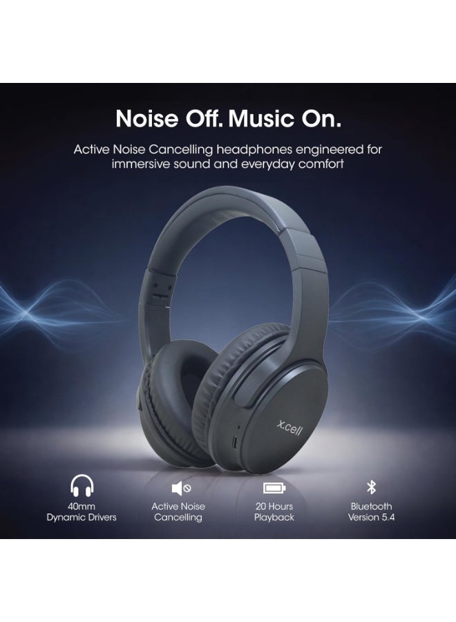 Xcell HS315 Active Noise Cancelling Bluetooth Headphones | Wireless Over-Ear Headset with 20-22 dB ANC | 40mm Deep Bass | 20H Playtime | Type-C Charging | AUX Mode | Built-in Mic | Foldable- Black - Image 2