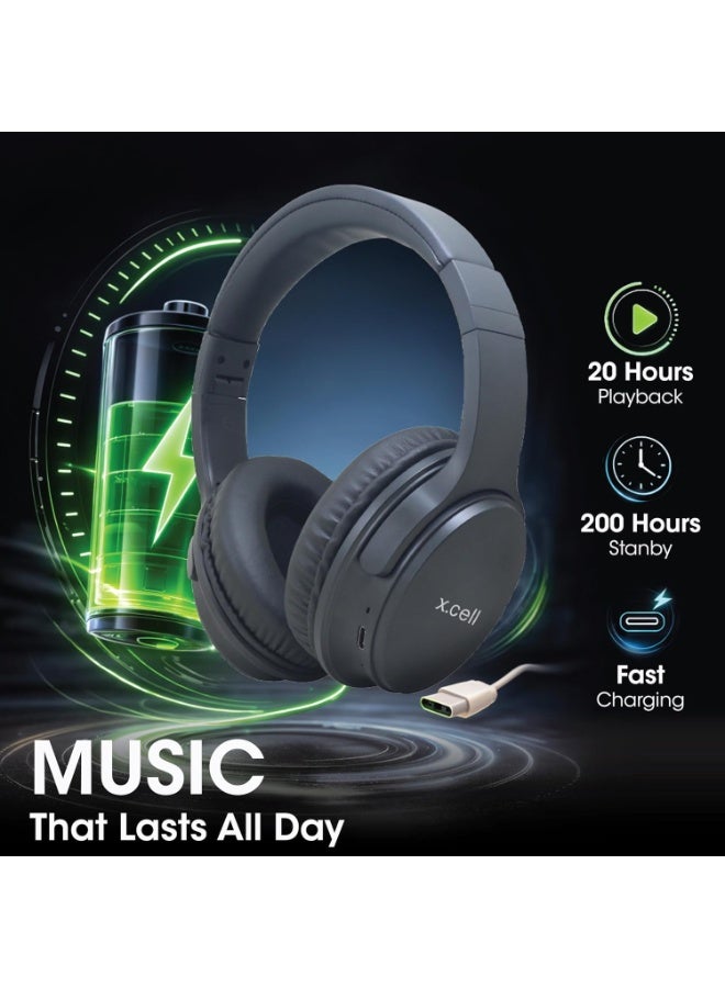 Xcell HS315 Active Noise Cancelling Bluetooth Headphones | Wireless Over-Ear Headset with 20-22 dB ANC | 40mm Deep Bass | 20H Playtime | Type-C Charging | AUX Mode | Built-in Mic | Foldable- Black - Image 5