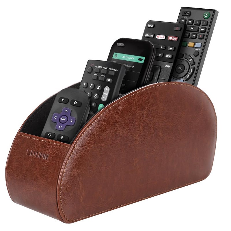 SITHON Remote Control Holder with 5 Compartments - PU Leather Remote Caddy Desktop Organizer Store TV, DVD, Blu-Ray, Media Player, Heater Controllers, Brown - Image 1