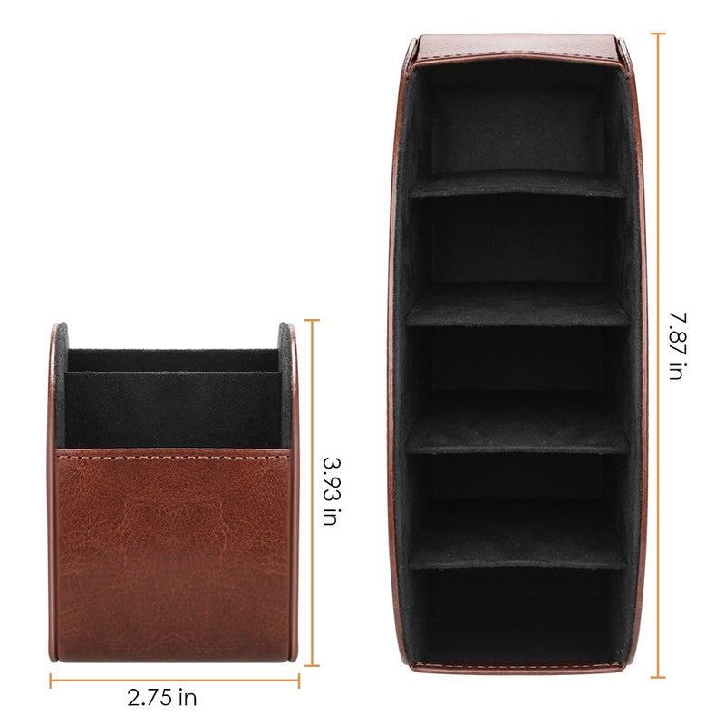 SITHON Remote Control Holder with 5 Compartments - PU Leather Remote Caddy Desktop Organizer Store TV, DVD, Blu-Ray, Media Player, Heater Controllers, Brown - Image 3