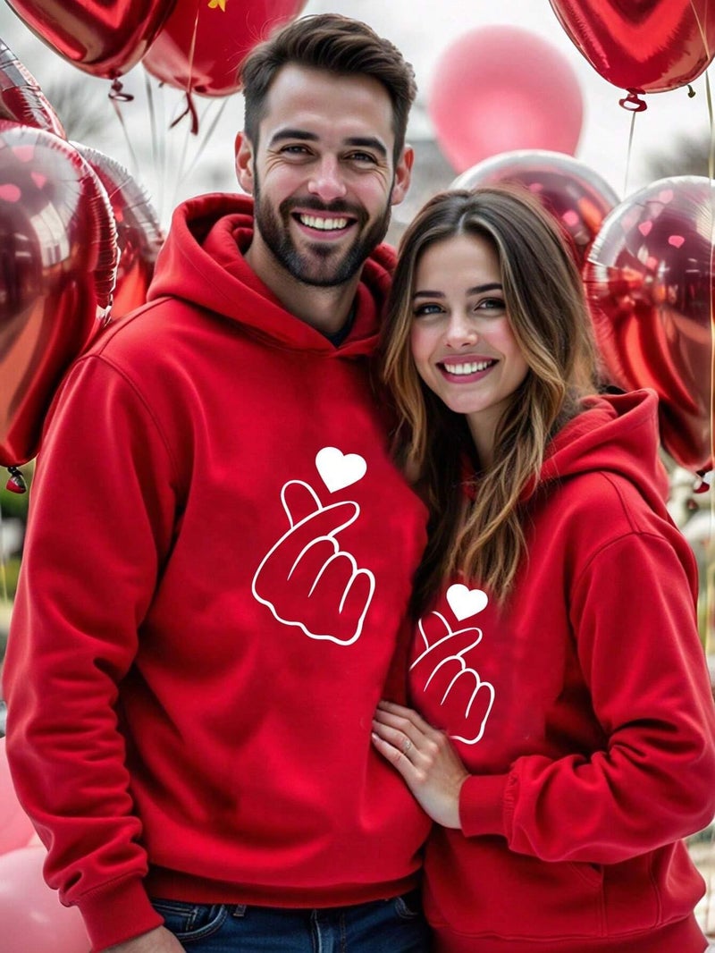 SXV STYLE SXV Casual Minimalist Heart Print Couple Red Hoodie, Loose Fit Thick Valentine Day Sweatshirt for Women, Valentine's Day (in, Alpha, M, Regular, Red-boy) - Image 4