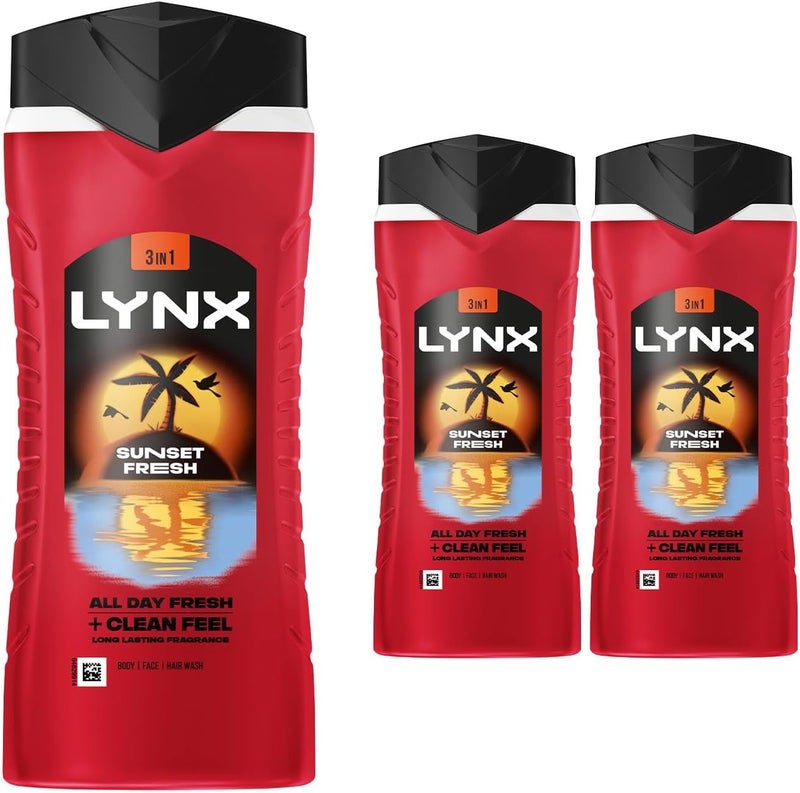 Lynx Body Wash Multipack Sunset Fresh 3in1 Mens Shower Gel for Hair Face Body 12H Sweat and Odour Protection Energising Mango and Mandarin Scent 500ml 3 Pack