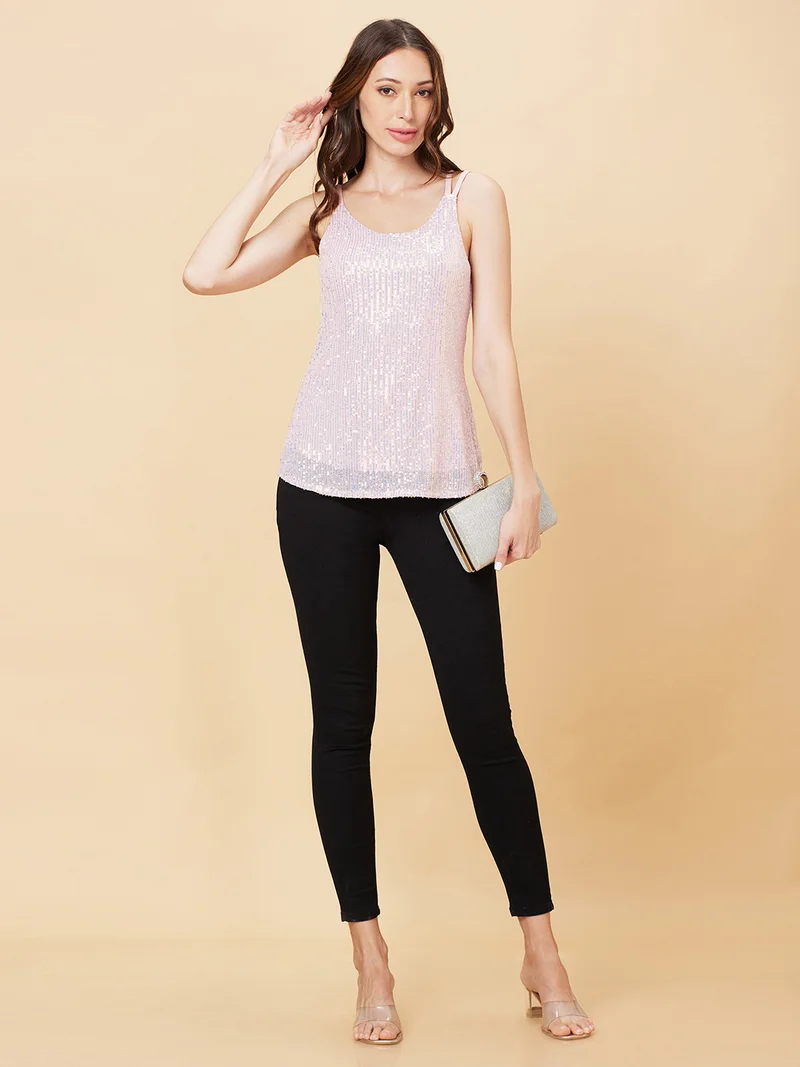 globus Women Sequinned Shoulder Straps Party Tank Top