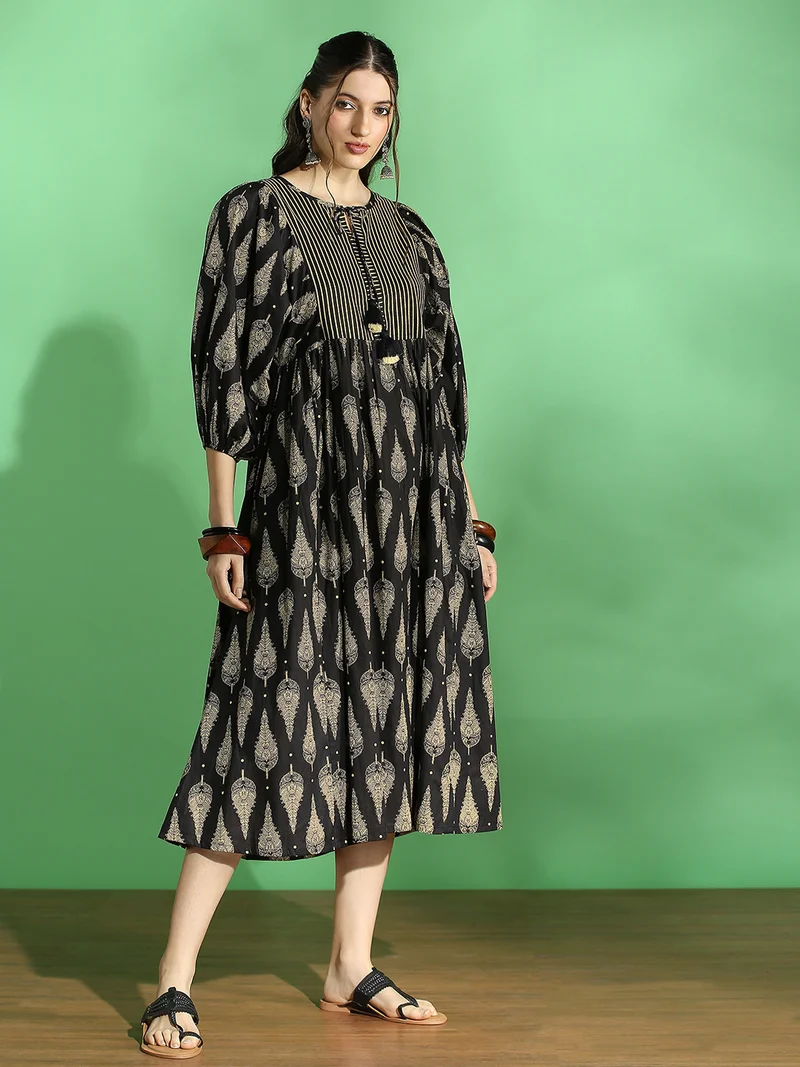 globus Globus Women Black Ethnic Print Round Tie-Up Neck Bishop Sleeves Tiered Fit & Flared Midi Dress