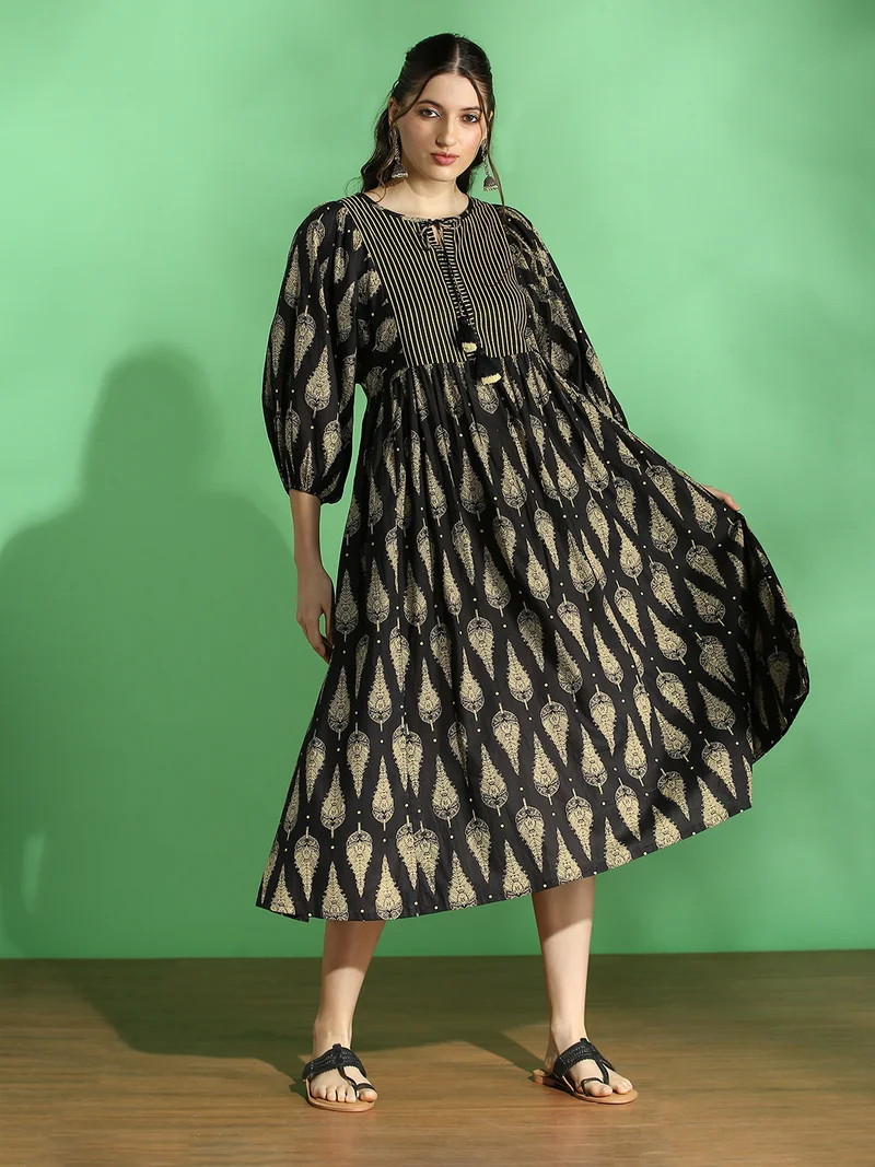 globus Globus Women Black Ethnic Print Round Tie-Up Neck Bishop Sleeves Tiered Fit & Flared Midi Dress