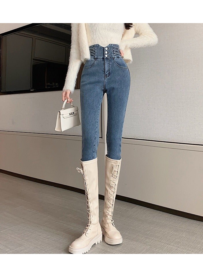 KUYING Ultra-High Waisted Women's Small Foot Pants Slimming Skinny Pencil Pants Belly Lift Jeans  - Image 3