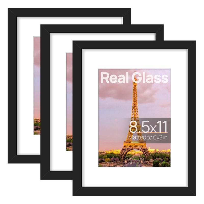 upsimples 8.5x11 Picture Frame Set of 3, Made of High Definition Glass for 6x8 with Mat or 8.5x11 Without Mat, Wall and Tabletop Display Photo Frames, Black - Image 1