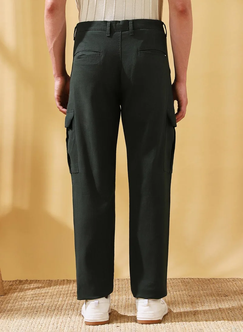 Dennis Lingo Men's Olive Green Cotton Blend Solid Full Length Cargo Straight Trouser