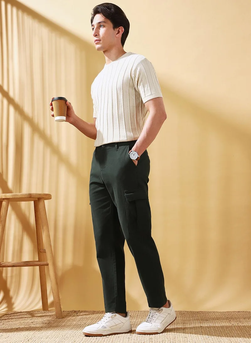 Dennis Lingo Men's Olive Green Cotton Blend Solid Full Length Cargo Straight Trouser
