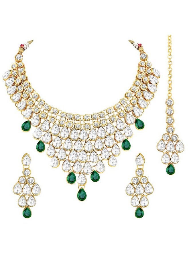 Aheli - Exquisite Wedding Party Wear Faux Kundan Studded Necklace With Maang Tikka Set Indian Ethnic Traditional Jewellery For Women (Green) - Image 1