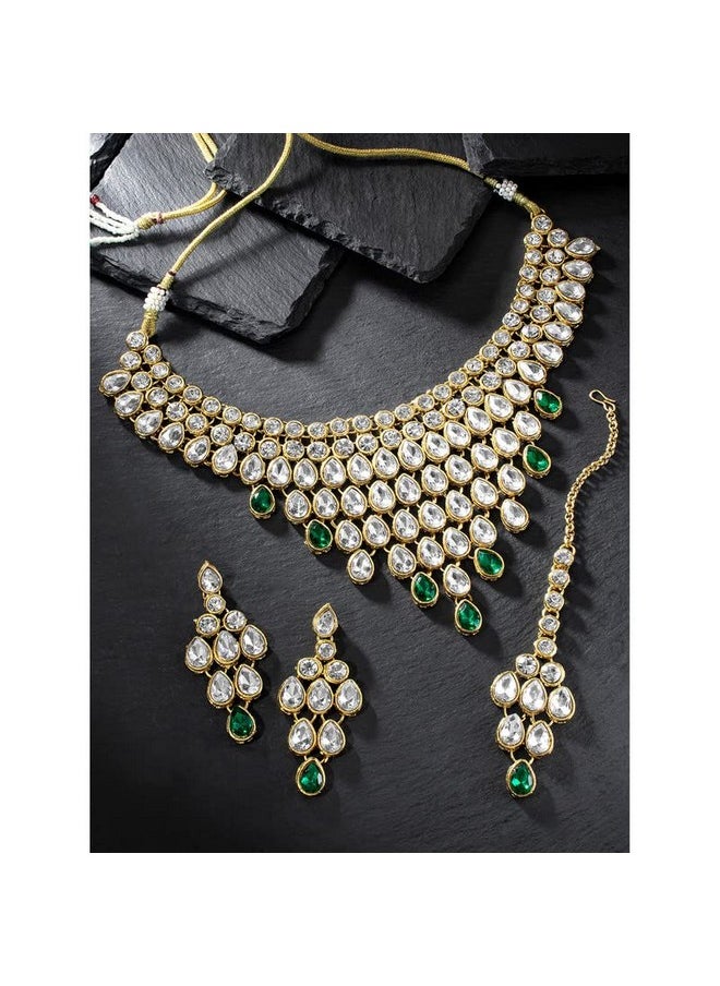 Aheli - Exquisite Wedding Party Wear Faux Kundan Studded Necklace With Maang Tikka Set Indian Ethnic Traditional Jewellery For Women (Green) - Image 1