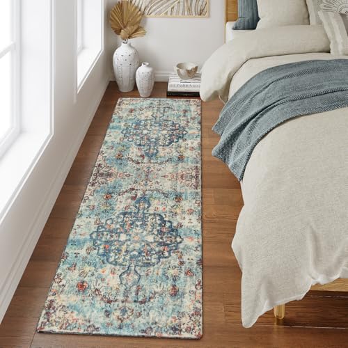 La Home Lahome Reine Bohemian Floral Medallion Runner Rug - 2x6 Hallway Laundry Rug Runner Washable Kitchen Sink Mat Distressed Turkish Non-Slip Soft Bedside Carpet for Doorway Bedroom, Vintage Teal/Multi - Image 3