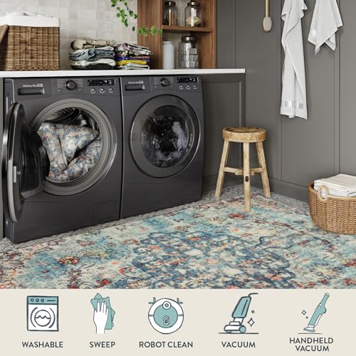 La Home Lahome Reine Bohemian Floral Medallion Runner Rug - 2x6 Hallway Laundry Rug Runner Washable Kitchen Sink Mat Distressed Turkish Non-Slip Soft Bedside Carpet for Doorway Bedroom, Vintage Teal/Multi - Image 4