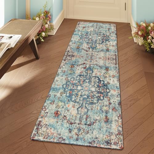 La Home Lahome Reine Bohemian Floral Medallion Runner Rug - 2x6 Hallway Laundry Rug Runner Washable Kitchen Sink Mat Distressed Turkish Non-Slip Soft Bedside Carpet for Doorway Bedroom, Vintage Teal/Multi - Image 1