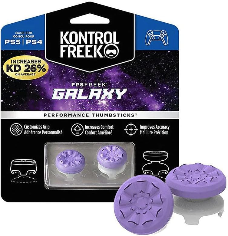 ياردوبي إصبع تحكم FPS Freek Galaxy Purple لأجهزة بلاي ستيشن 4 (PS4) وبلاي ستيشن 5 (PS5)، عصي أداء، مقبض إصبع تحكم بنسيج ثلاثي الأبعاد، ملحق عصا تحكم لـ PS5 (1 عالي الارتفاع، 1 متوسط الارتفاع) - Image 1