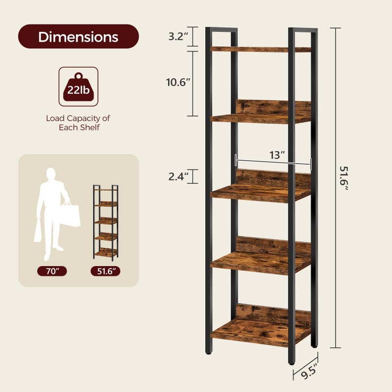 MAHANCRIS Bookshelf, 5-Tier Bookcase, Standing Book Shelf for Small Space, Storage Shelf Organizer, for Living Room, Bedroom, Study, Balcony, Rustic Brown and Black BKHR5501 - Image 2