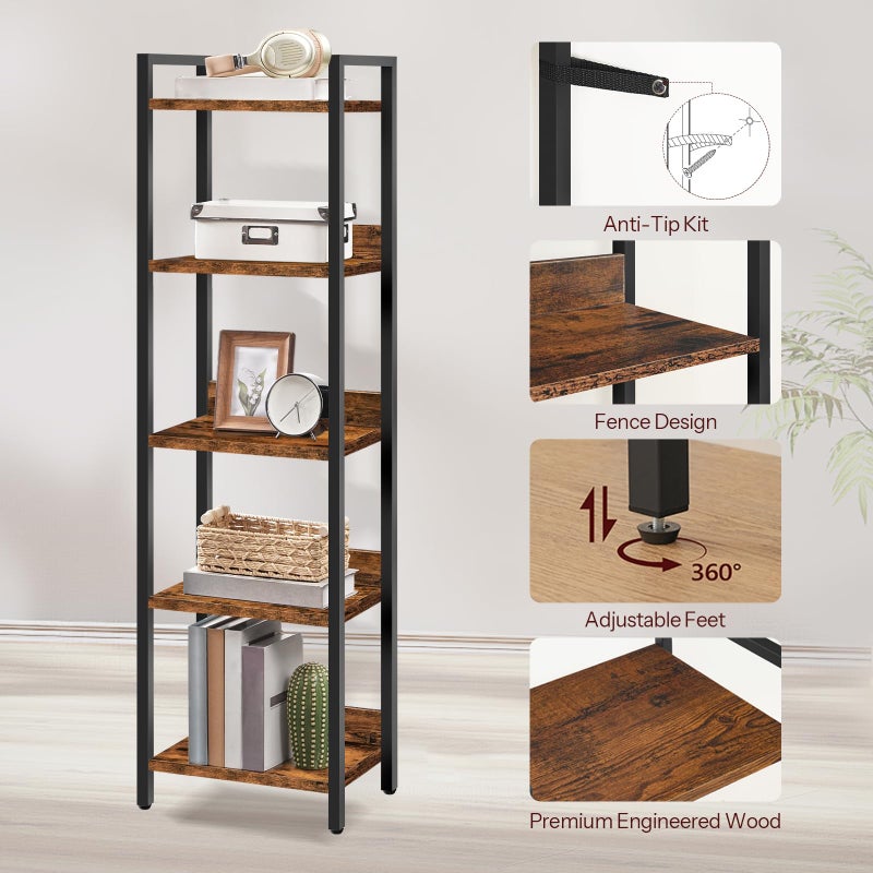 MAHANCRIS Bookshelf, 5-Tier Bookcase, Standing Book Shelf for Small Space, Storage Shelf Organizer, for Living Room, Bedroom, Study, Balcony, Rustic Brown and Black BKHR5501 - Image 3