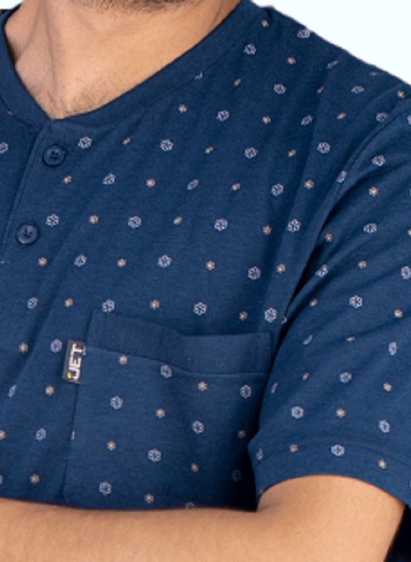 Jet Men Summer Pajama Set Printed Top & Plain Bottom -Blue - Image 2