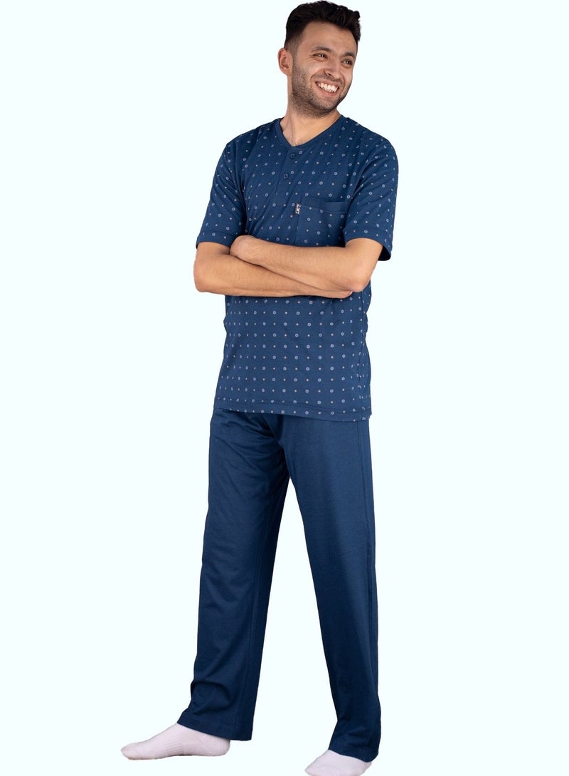 Jet Men Summer Pajama Set Printed Top & Plain Bottom -Blue - Image 1