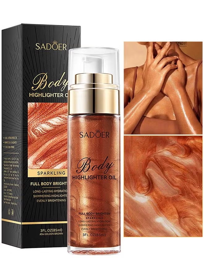 SADOER Body Highlighter Oil, Shimmer Body Oil Bronze Gold Bronze Face Brighten Glow Pearl Highlighter Illuminator Body Makeup Shine Glitter Gold Liquid Taning (Red Brown, 85ML) - Image 1