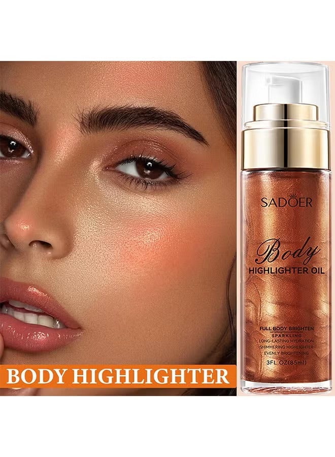 SADOER Body Highlighter Oil, Shimmer Body Oil Bronze Gold Bronze Face Brighten Glow Pearl Highlighter Illuminator Body Makeup Shine Glitter Gold Liquid Taning (Red Brown, 85ML) - Image 2