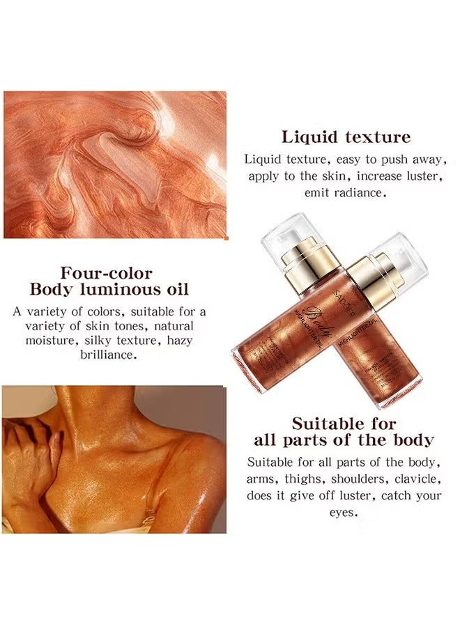 SADOER Body Highlighter Oil, Shimmer Body Oil Bronze Gold Bronze Face Brighten Glow Pearl Highlighter Illuminator Body Makeup Shine Glitter Gold Liquid Taning (Red Brown, 85ML) - Image 3