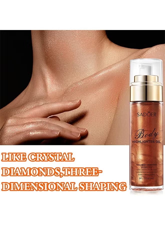 SADOER Body Highlighter Oil, Shimmer Body Oil Bronze Gold Bronze Face Brighten Glow Pearl Highlighter Illuminator Body Makeup Shine Glitter Gold Liquid Taning (Red Brown, 85ML) - Image 4