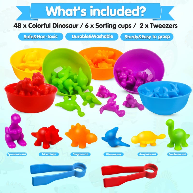 USATDD Counting Dinosaur Toys Matching Color Sorting Stacking Games with Bowls Preschool Learning Activities for Educational Sensory Montessori STEM Toy Sets Gift for Toddlers Kids Boys Girls Aged 3+ - Image 3