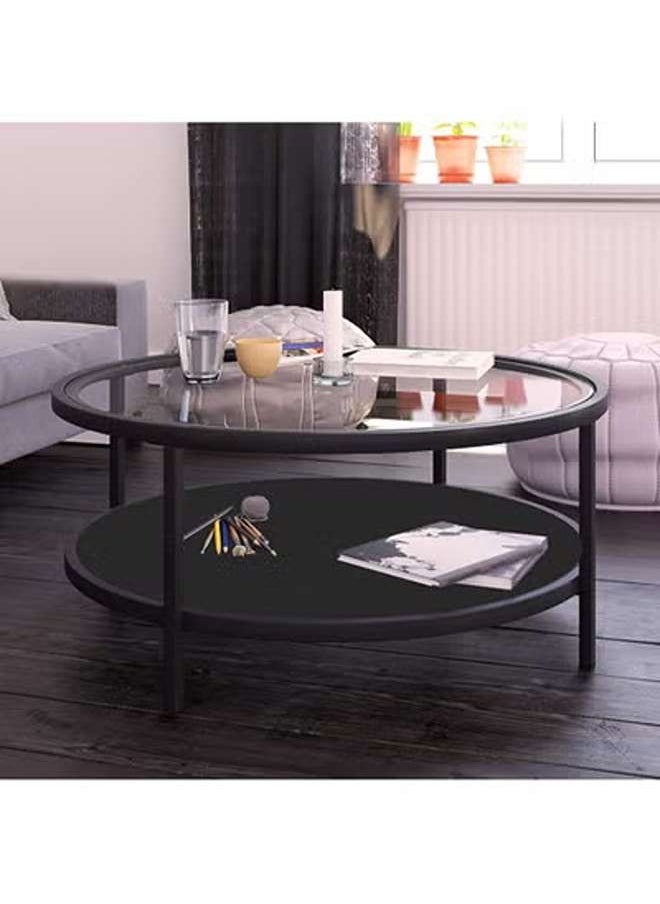 AGD Double Layer Open Round Coffee Table with Tempered Glass Top Shelf and Wood Storage Shelf in Black Bronze Finish 75 x 45 cm  - Image 1