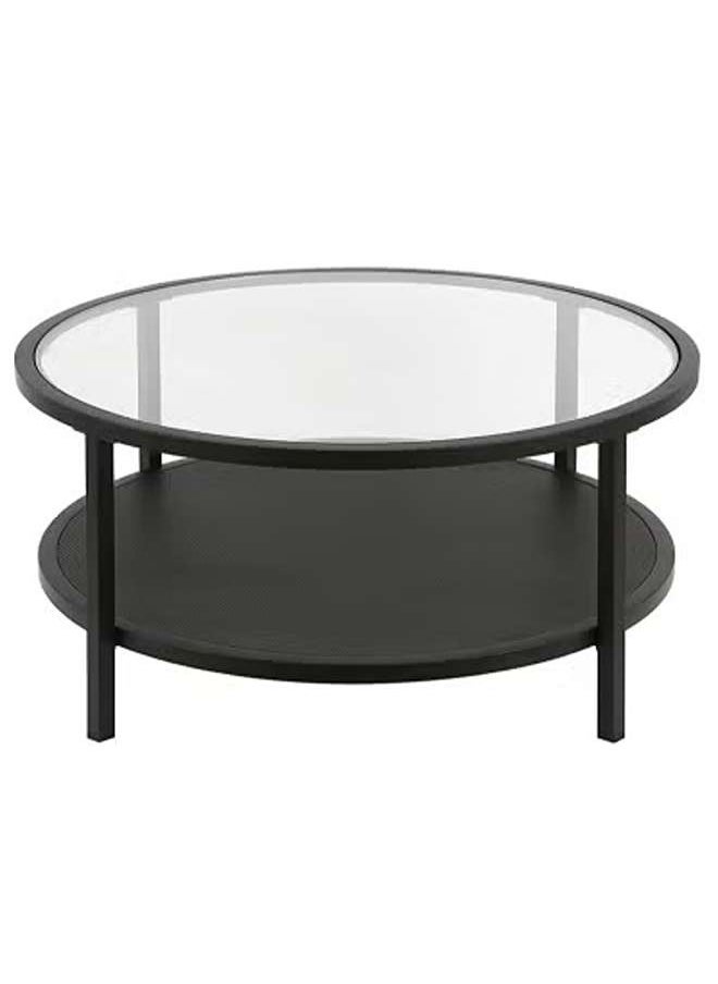 AGD Double Layer Open Round Coffee Table with Tempered Glass Top Shelf and Wood Storage Shelf in Black Bronze Finish 75 x 45 cm  - Image 2