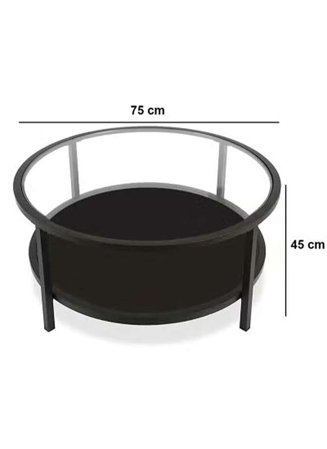 AGD Double Layer Open Round Coffee Table with Tempered Glass Top Shelf and Wood Storage Shelf in Black Bronze Finish 75 x 45 cm  - Image 5