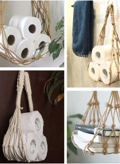Generic Hanging Toilet Paper Holder Wall Mounted Woven Roll Paper Storage Bag Boho Toilet Paper Holder Book Magazine Newspaper Notebook Toilet Paper Storage String Bag for Bedroom Bathroom Living Room  - Image 3