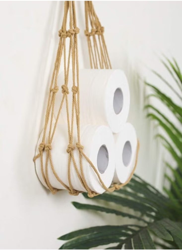 Generic Hanging Toilet Paper Holder Wall Mounted Woven Roll Paper Storage Bag Boho Toilet Paper Holder Book Magazine Newspaper Notebook Toilet Paper Storage String Bag for Bedroom Bathroom Living Room  - Image 2