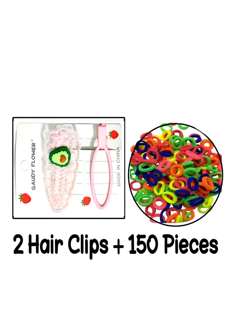 Set of 150 Girly colorful elastic hair bobbles ties and 2 hair clips - Image 1