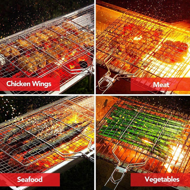 FEELING MALL FEELING MALL Stainless Steel Outdoor Camping BBQ Accessories Rack for Grilling Fish Chicken Meat Steak Vegetables Kabobs Chops Seafood BBQ Grill Net Basket Roast Tray Chromium Plated Wooden Handle  - Image 4