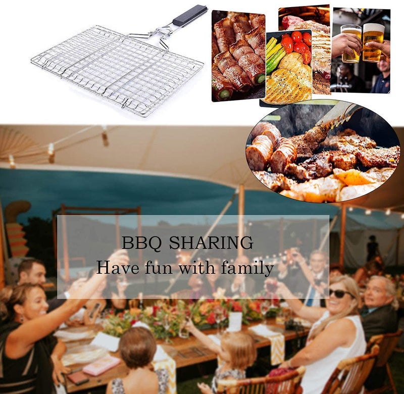 FEELING MALL FEELING MALL Stainless Steel Outdoor Camping BBQ Accessories Rack for Grilling Fish Chicken Meat Steak Vegetables Kabobs Chops Seafood BBQ Grill Net Basket Roast Tray Chromium Plated Wooden Handle  - Image 3